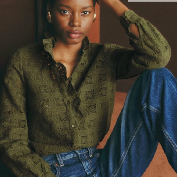 Sézane Chlo khaki guipure lace shirt size FR40 US8 like new - Picture 2 of 6